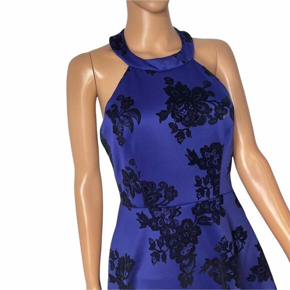 B Darlin dress Flocked Velvet Floral Fit & Flare mini SZ 11/12 black/blue skater - Picture 3 of 16